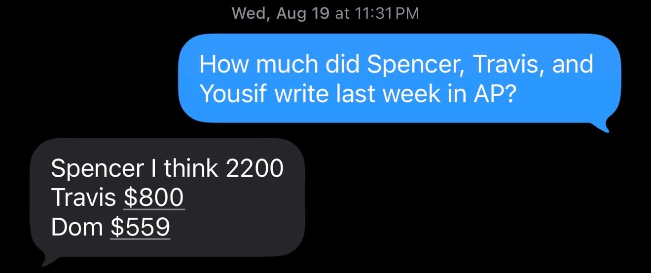 Text thread. Founder: How much did Spencer, Travis, and Yousif write last week in AP? Reply: Spencer I think 2200, Travis $800, Dom $559.